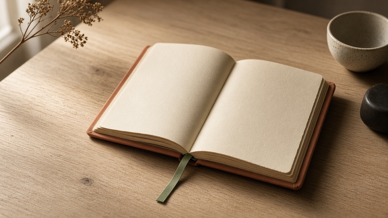 Open terracotta-bound ledger with blank cream pages on a light oak desk, beside a ceramic cup and dried botanical sprig in soft daylight.